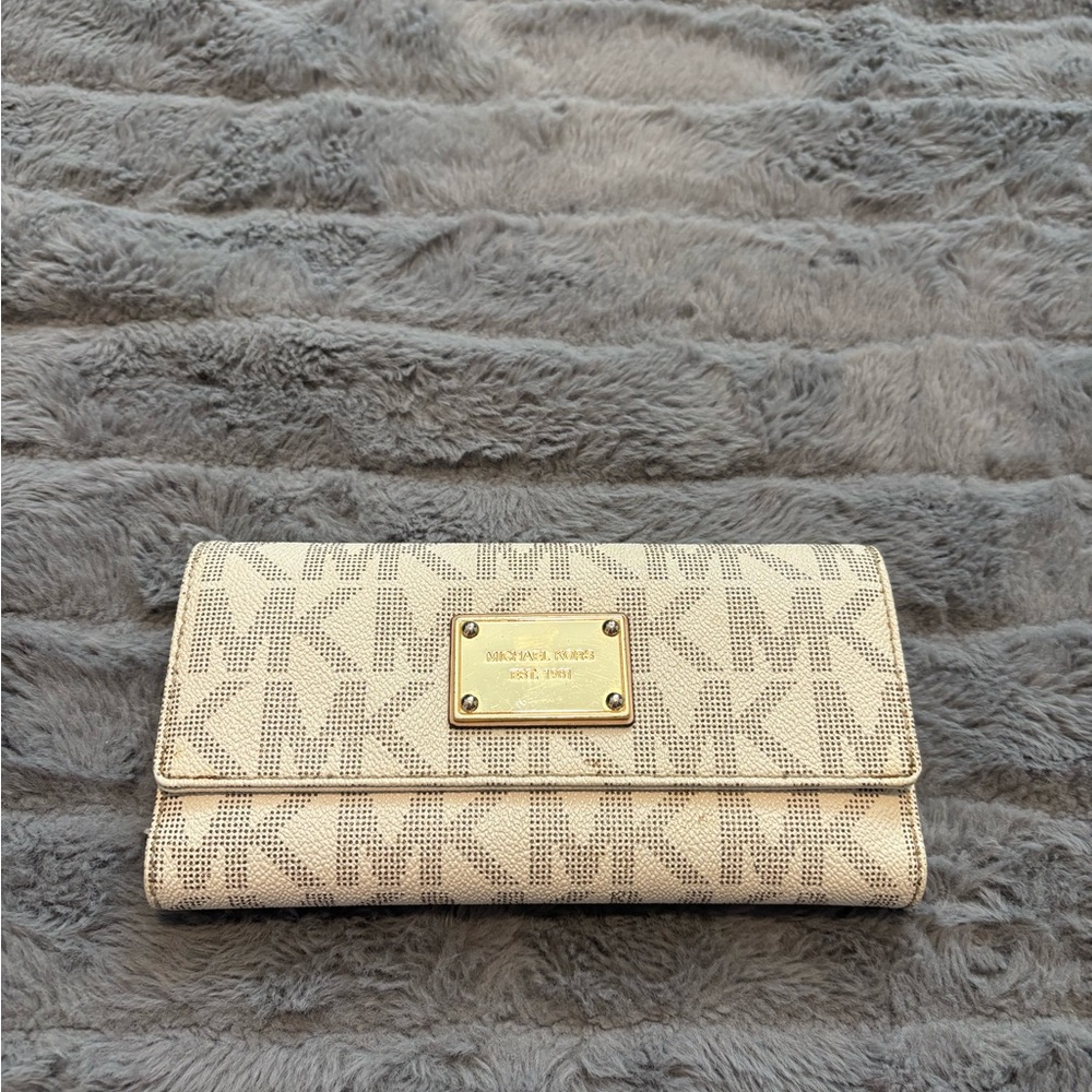 Michael Kors Beige Logo Continental Wallet with Gold Plaque